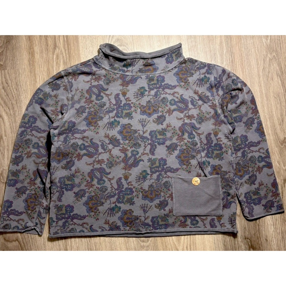 Color Me Cotton CMC Mock Neck Terry Top Floral Pattern Pocket Button Pullover XL
